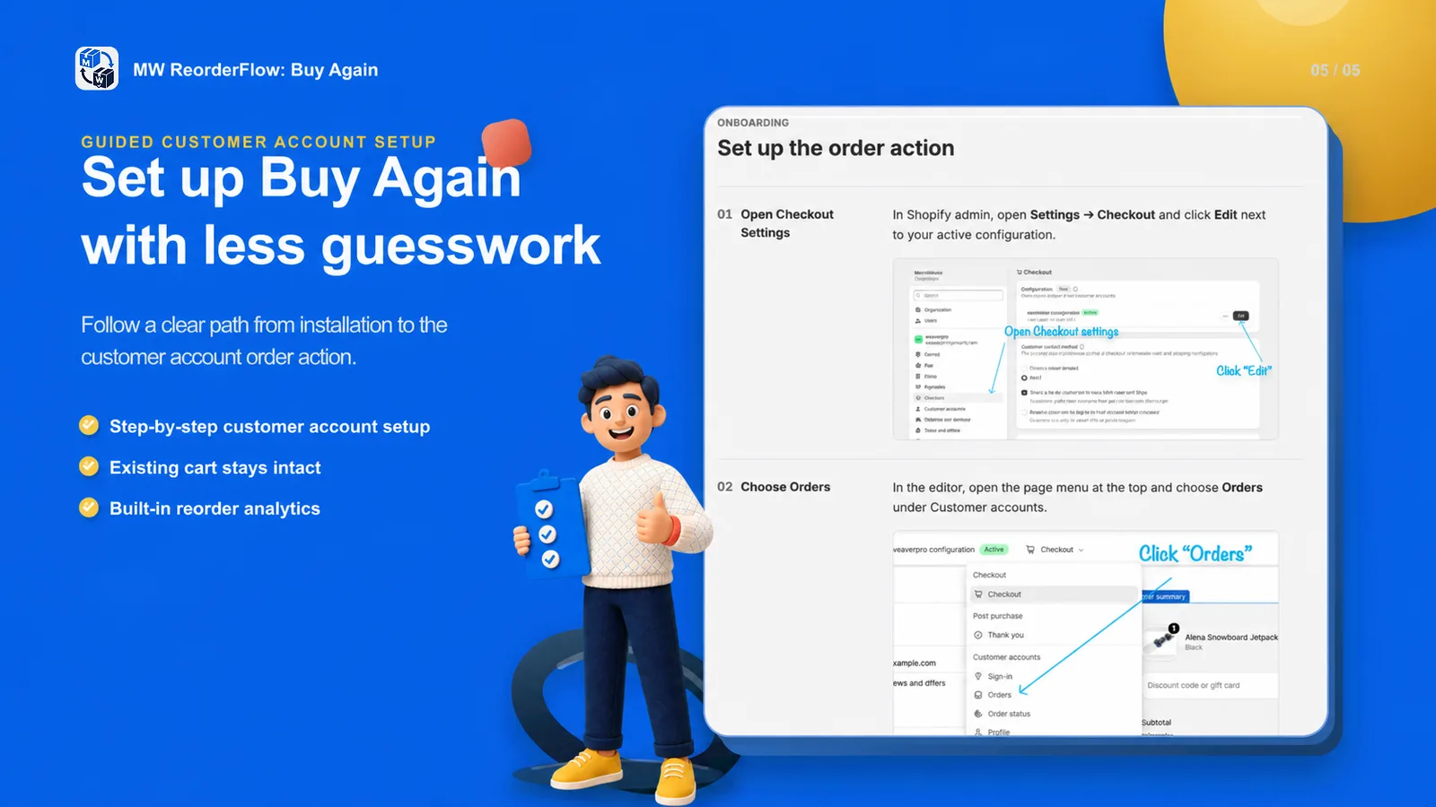 MW ReorderFlow guided setup for a Shopify customer account Buy Again action
