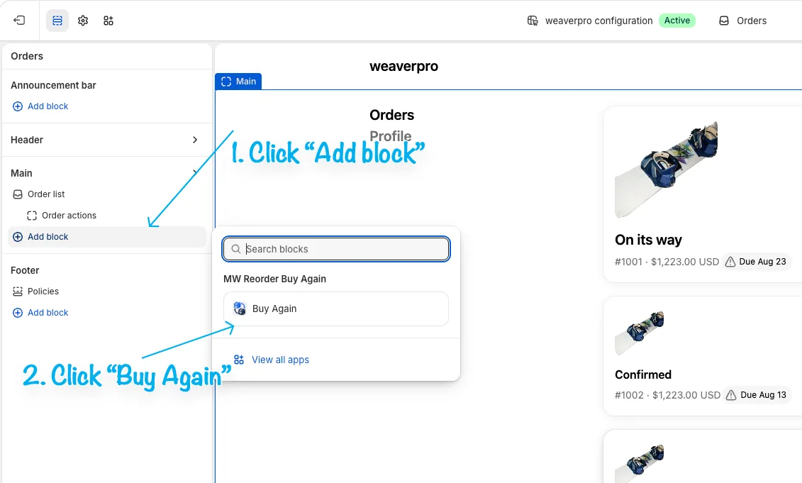 Shopify Orders editor with Add block and Buy Again highlighted