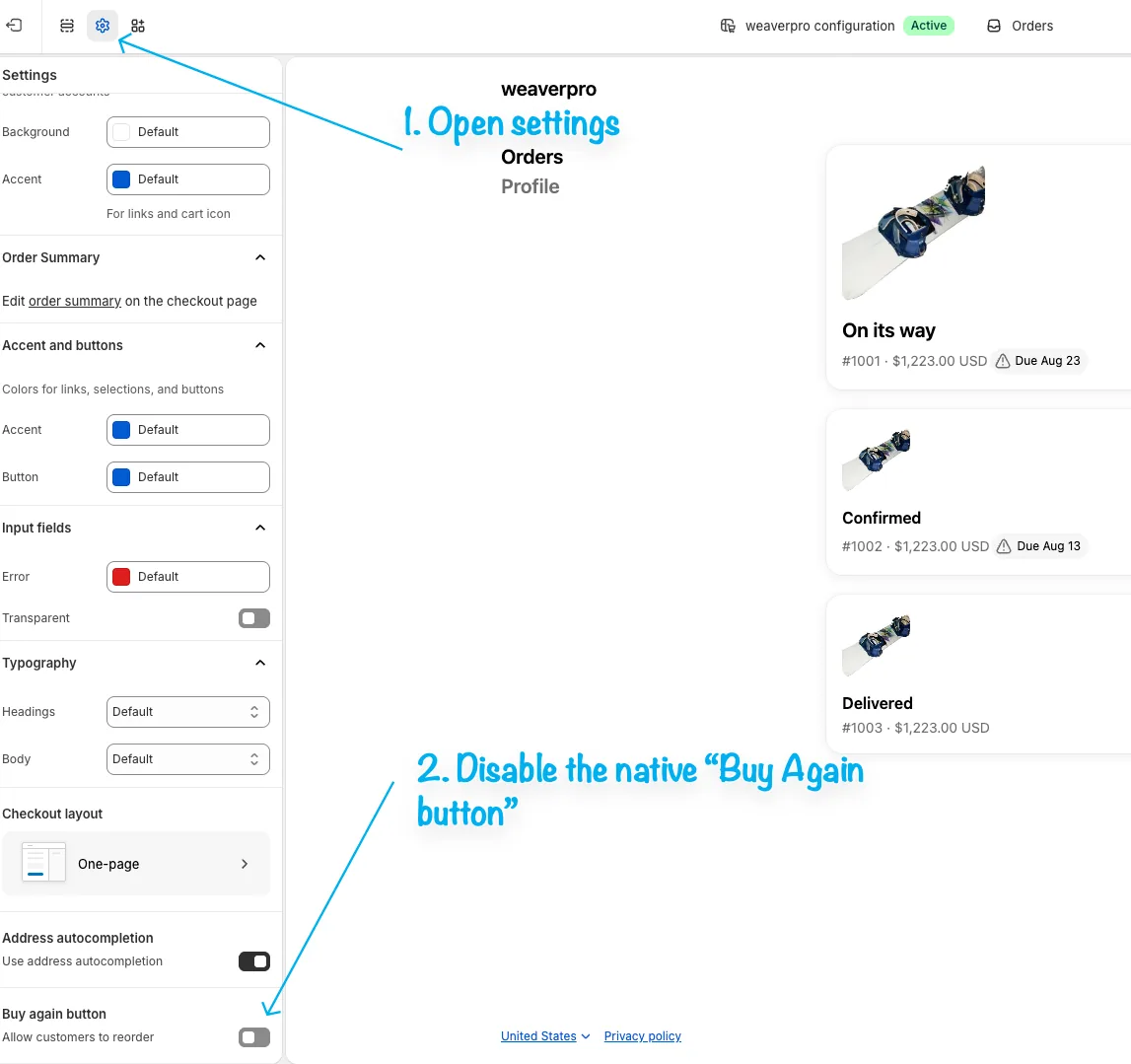 Shopify editor settings with the native Buy again button disabled