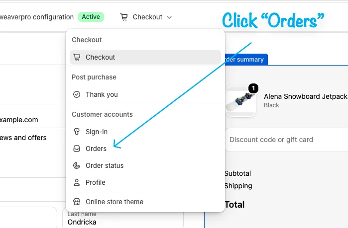Shopify customer account editor with Orders selected