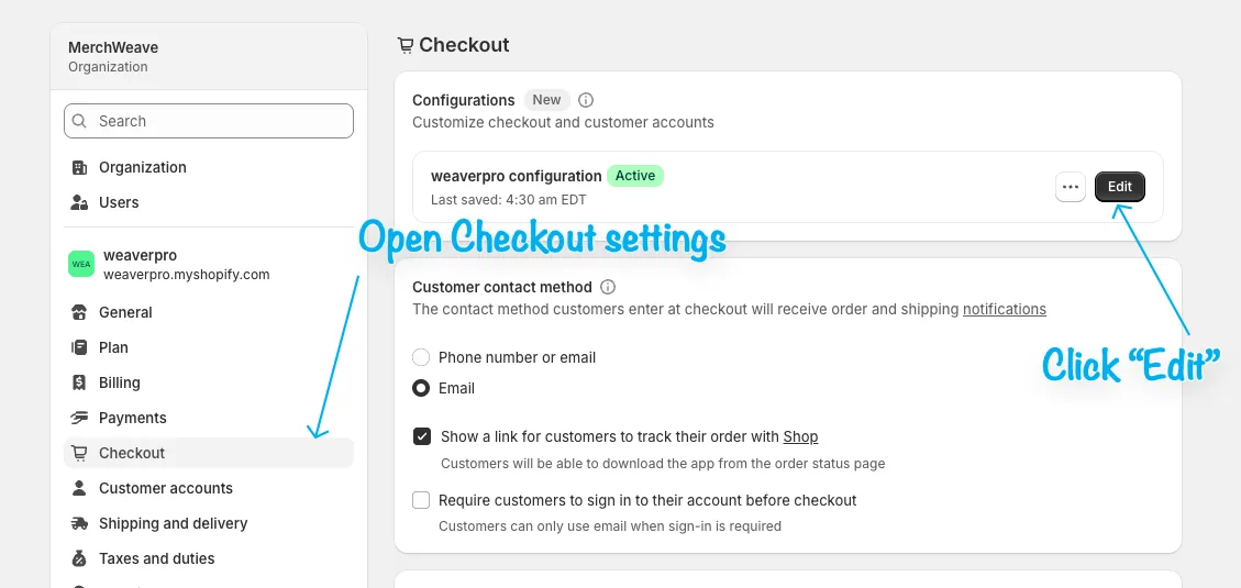 Shopify Checkout settings with the Edit button highlighted