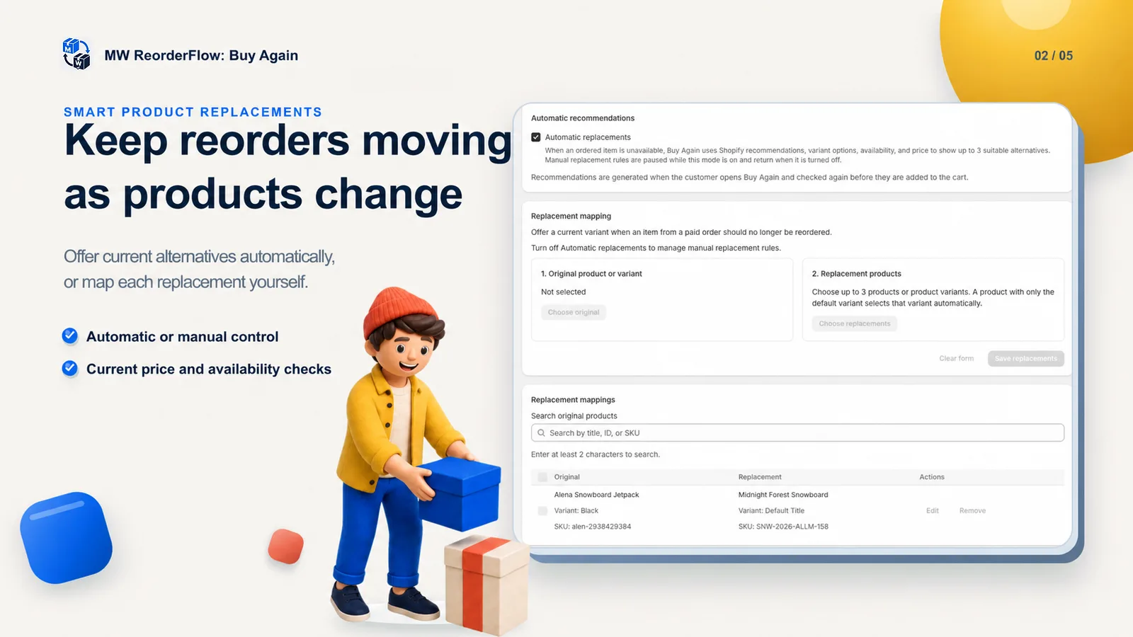 MW ReorderFlow automatic recommendations and merchant-defined replacement mappings