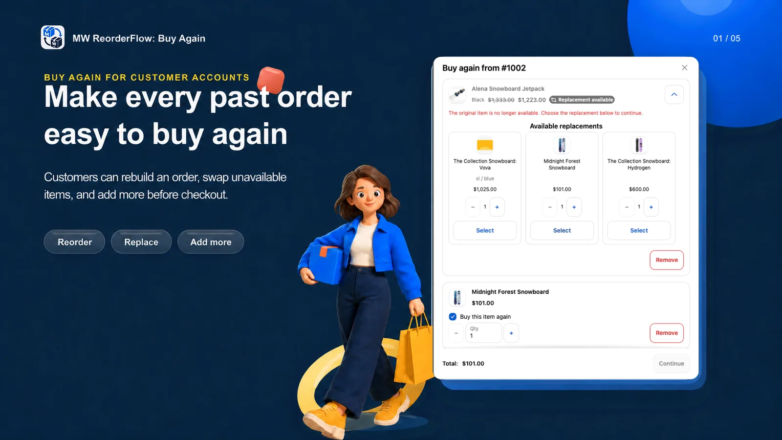 MW ReorderFlow Buy Again flow with replacement choices for an unavailable order item