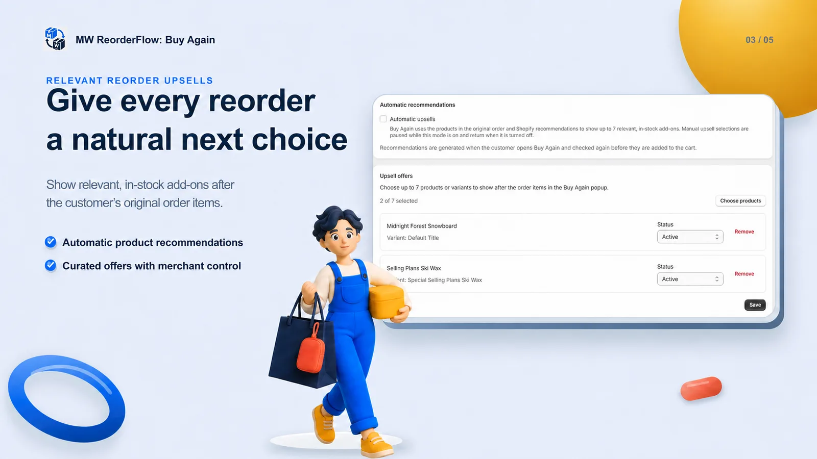 MW ReorderFlow settings for automatic and merchant-selected reorder upsells
